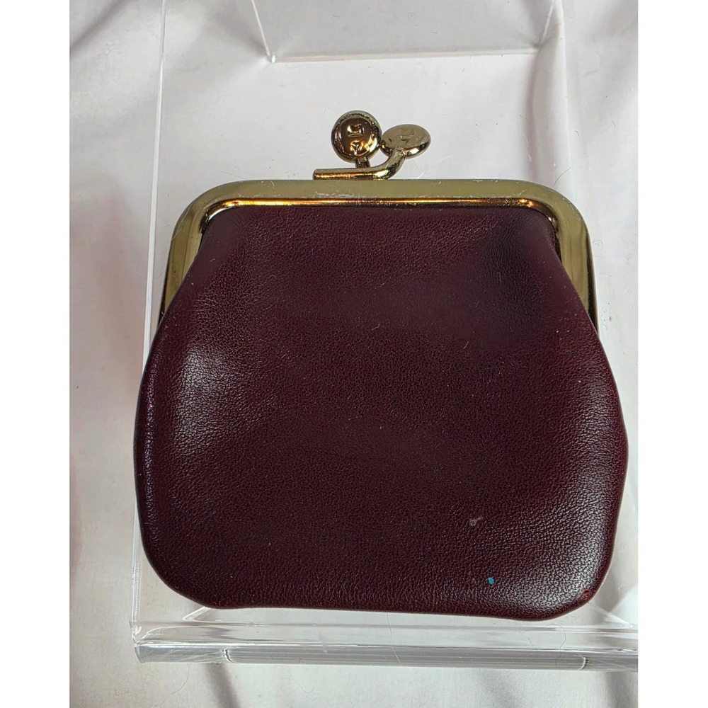 Vintage Etienne Aigner Burgundy Leather Kiss Lock Coin Purse 70s Gold Logo - Picture 2 of 6